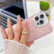 For iPhone 16 Plus Plating Glitter Texture Ring Holder TPU Phone Case with Lens Film(White Water Ripples)