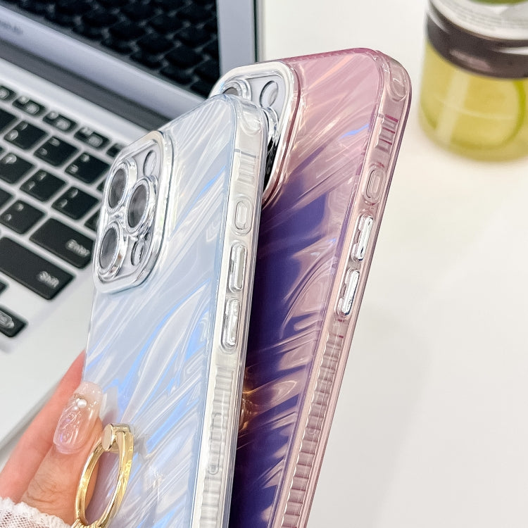 For iPhone 16 Plus Plating Glitter Texture Ring Holder TPU Phone Case with Lens Film(White Water Ripples)