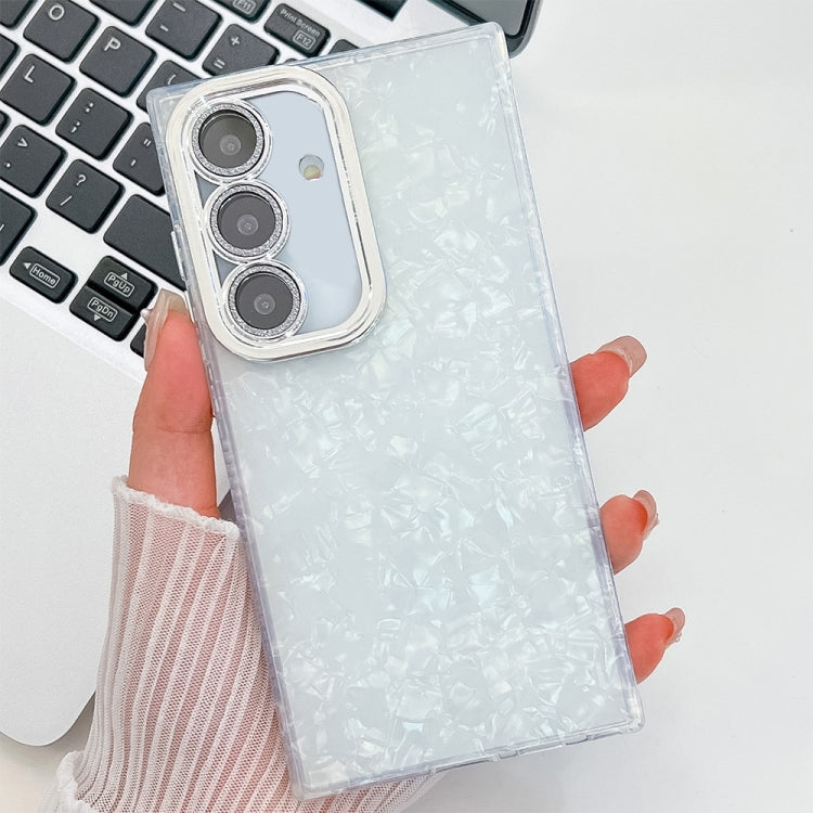 For Samsung Galaxy S25 5G Plating Glitter Texture TPU Phone Case with Lens Film(White Shell Pattern)