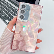 For Samsung Galaxy S25 5G Plating Glitter Texture TPU Phone Case with Lens Film(Pink Feathers)