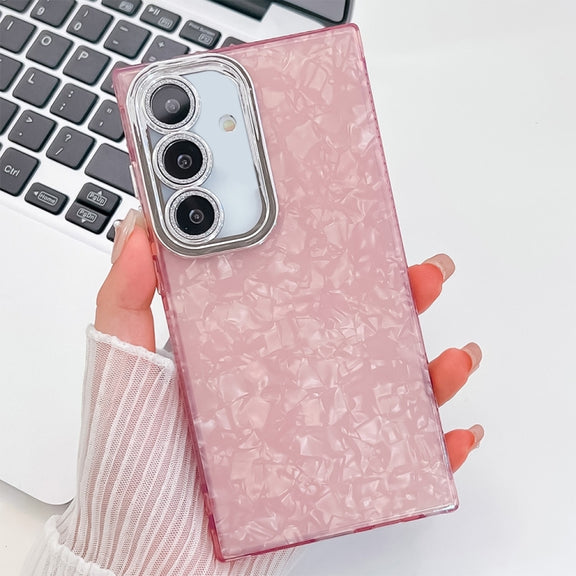 For Samsung Galaxy S25+ 5G Plating Glitter Texture TPU Phone Case with Lens Film(Pink Shell Pattern)