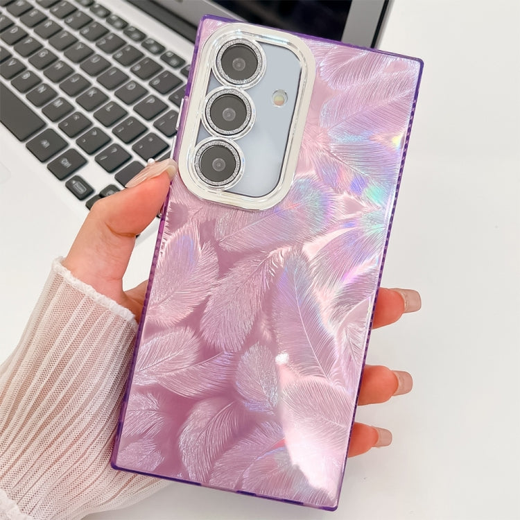 For Samsung Galaxy S25+ 5G Plating Glitter Texture TPU Phone Case with Lens Film(Purple Feathers)