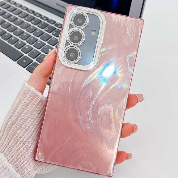 For Samsung Galaxy S25+ 5G Plating Glitter Texture TPU Phone Case with Lens Film(Pink Feather Yarn)