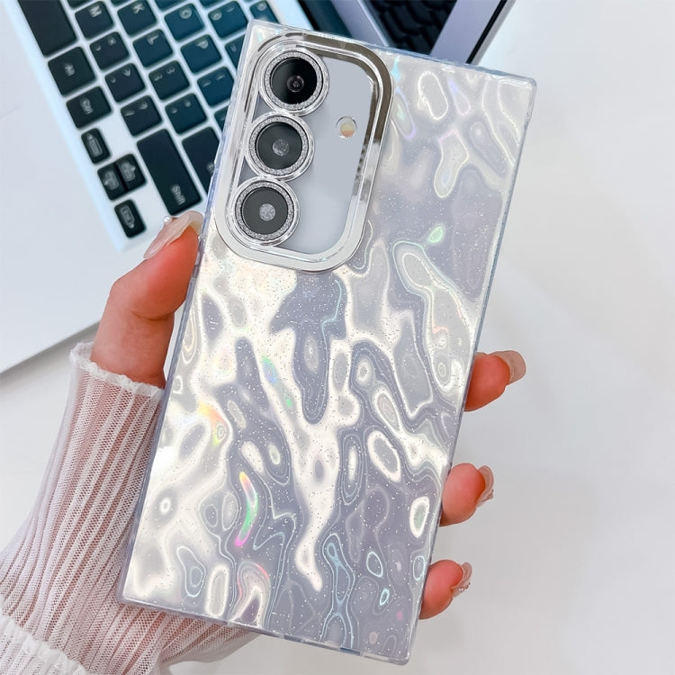 For Samsung Galaxy S25+ 5G Plating Glitter Texture TPU Phone Case with Lens Film(White Wrinkles)