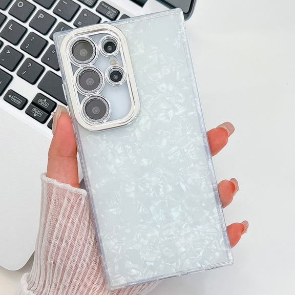 For Samsung Galaxy S25 Ultra 5G Plating Glitter Texture TPU Phone Case with Lens Film(White Shell Pattern)