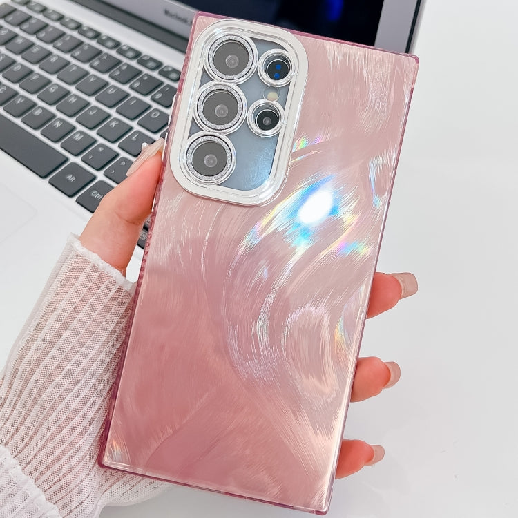 For Samsung Galaxy S25 Ultra 5G Plating Glitter Texture TPU Phone Case with Lens Film(Pink Feather Yarn)