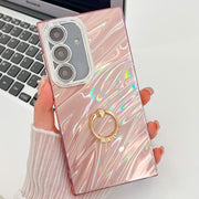 For Samsung Galaxy S25 5G Plating Glitter Texture Ring Holder TPU Phone Case with Lens Film(Pink Water Ripples)