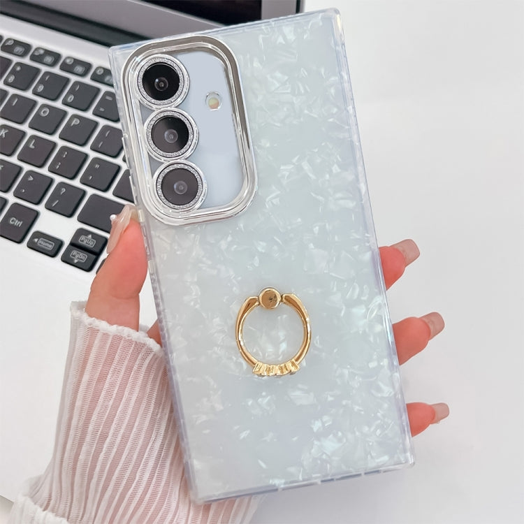 For Samsung Galaxy S25 5G Plating Glitter Texture Ring Holder TPU Phone Case with Lens Film(White Shell Pattern)