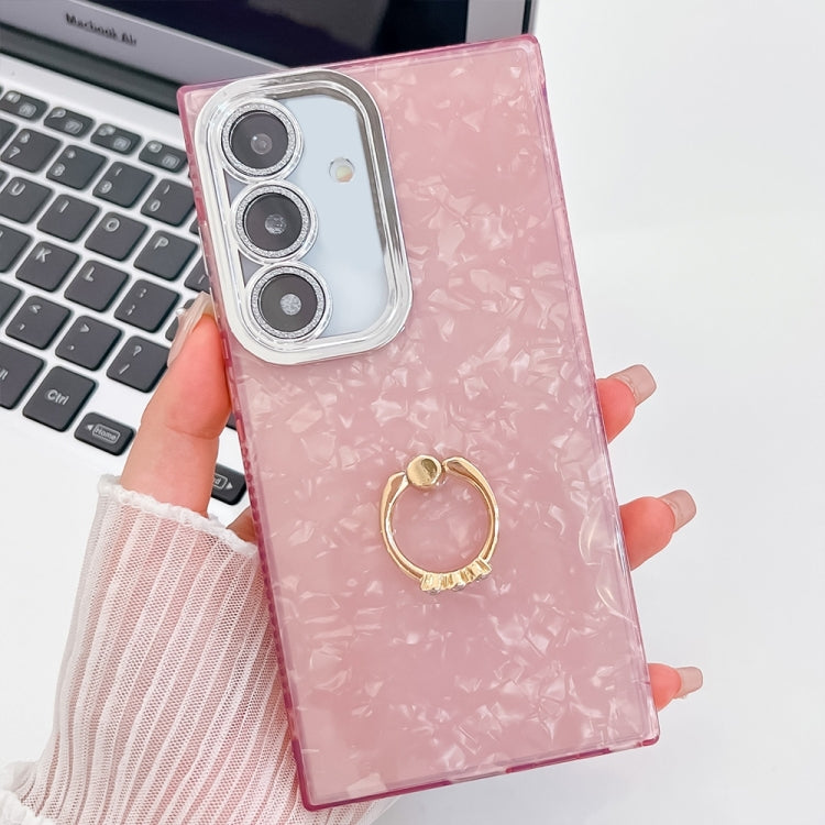 For Samsung Galaxy S25 5G Plating Glitter Texture Ring Holder TPU Phone Case with Lens Film(Pink Shell Pattern)