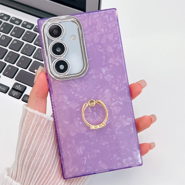 For Samsung Galaxy S25 5G Plating Glitter Texture Ring Holder TPU Phone Case with Lens Film(Purple Shell Pattern)
