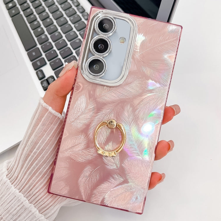 For Samsung Galaxy S25 5G Plating Glitter Texture Ring Holder TPU Phone Case with Lens Film(Pink Feathers)