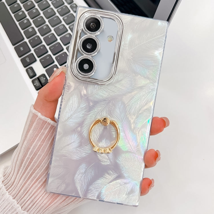 For Samsung Galaxy S25 5G Plating Glitter Texture Ring Holder TPU Phone Case with Lens Film(White Feathers)
