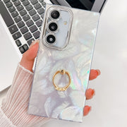 For Samsung Galaxy S25 5G Plating Glitter Texture Ring Holder TPU Phone Case with Lens Film(White Feathers)