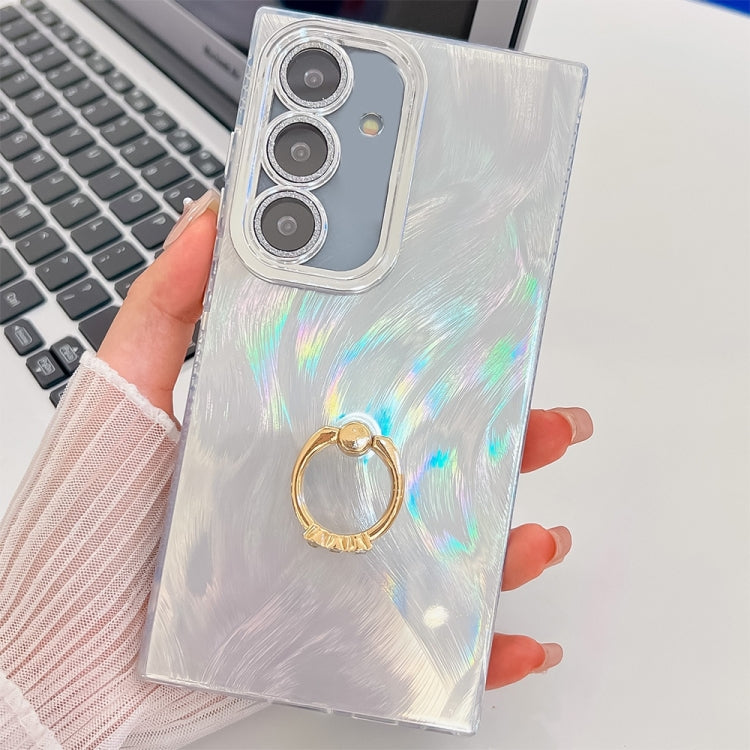 For Samsung Galaxy S25 5G Plating Glitter Texture Ring Holder TPU Phone Case with Lens Film(White Feather Yarn)