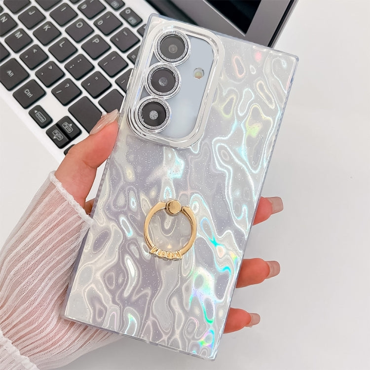 For Samsung Galaxy S25 5G Plating Glitter Texture Ring Holder TPU Phone Case with Lens Film(White Wrinkles)