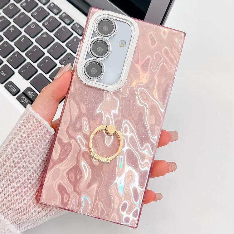 For Samsung Galaxy S25 5G Plating Glitter Texture Ring Holder TPU Phone Case with Lens Film(Pink Wrinkles)