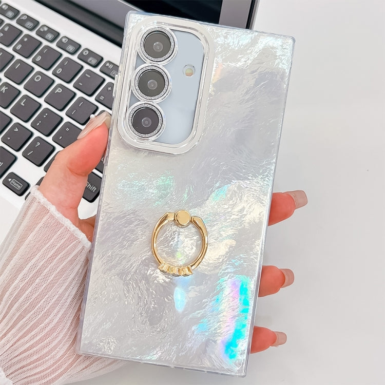 For Samsung Galaxy S25 5G Plating Glitter Texture Ring Holder TPU Phone Case with Lens Film(White Tinfoil Texture)