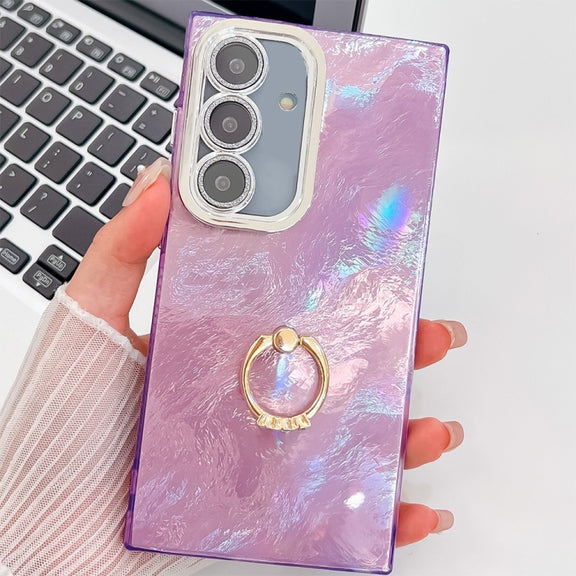 For Samsung Galaxy S25 5G Plating Glitter Texture Ring Holder TPU Phone Case with Lens Film(Purple Tinfoil Texture)