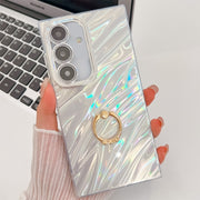 For Samsung Galaxy S25+ 5G Plating Glitter Texture Ring Holder TPU Phone Case with Lens Film(White Water Ripples)