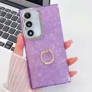 For Samsung Galaxy S25+ 5G Plating Glitter Texture Ring Holder TPU Phone Case with Lens Film(Purple Shell Pattern)