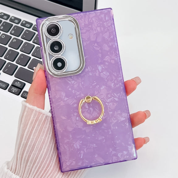 For Samsung Galaxy S25+ 5G Plating Glitter Texture Ring Holder TPU Phone Case with Lens Film(Purple Shell Pattern)
