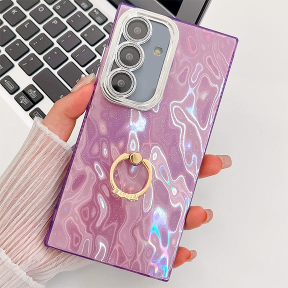 For Samsung Galaxy S25+ 5G Plating Glitter Texture Ring Holder TPU Phone Case with Lens Film(Purple Wrinkles)