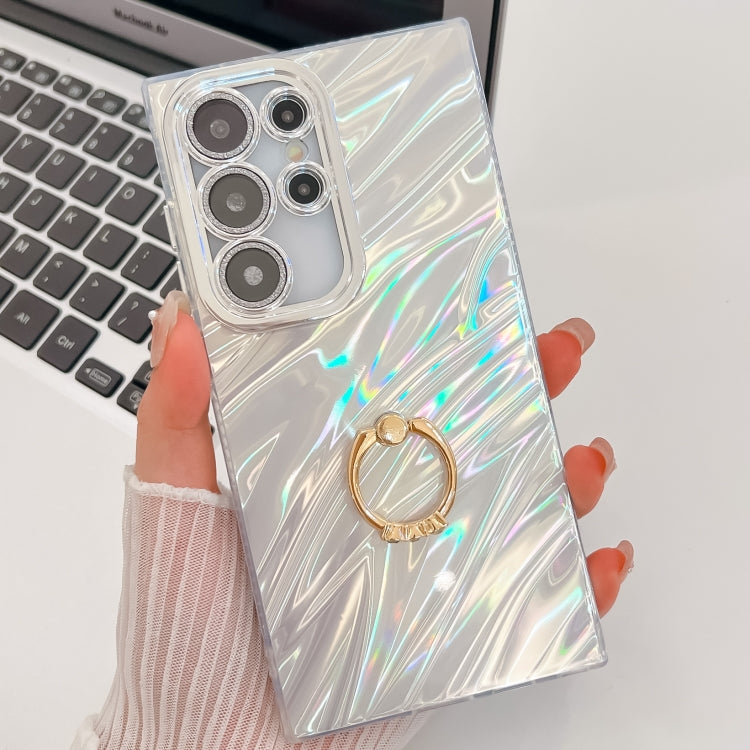 For Samsung Galaxy S25 Ultra 5G Plating Glitter Texture Ring Holder TPU Phone Case with Lens Film(White Water Ripples)