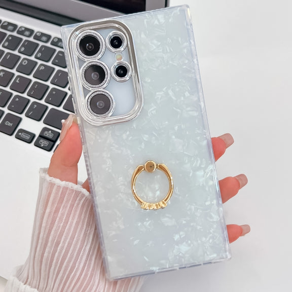 For Samsung Galaxy S25 Ultra 5G Plating Glitter Texture Ring Holder TPU Phone Case with Lens Film(White Shell Pattern)