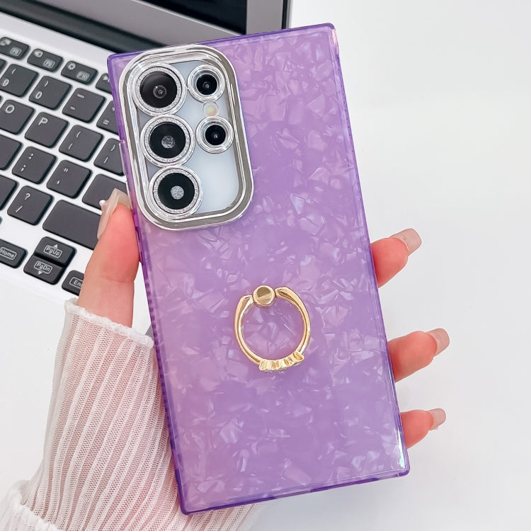 For Samsung Galaxy S25 Ultra 5G Plating Glitter Texture Ring Holder TPU Phone Case with Lens Film(Purple Shell Pattern)