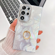 For Samsung Galaxy S25 Ultra 5G Plating Glitter Texture Ring Holder TPU Phone Case with Lens Film(White Feathers)