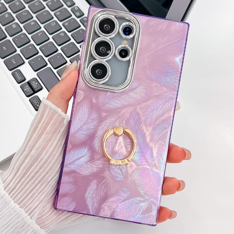 For Samsung Galaxy S25 Ultra 5G Plating Glitter Texture Ring Holder TPU Phone Case with Lens Film(Purple Feathers)