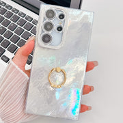 For Samsung Galaxy S25 Ultra 5G Plating Glitter Texture Ring Holder TPU Phone Case with Lens Film(White Tinfoil Texture)
