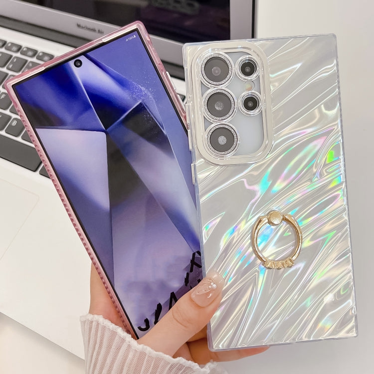 For Samsung Galaxy S25+ 5G Plating Glitter Texture Ring Holder TPU Phone Case with Lens Film(Pink Shell Pattern)