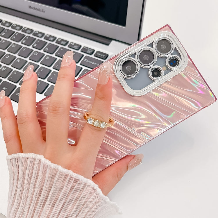 For Samsung Galaxy S25+ 5G Plating Glitter Texture Ring Holder TPU Phone Case with Lens Film(Pink Shell Pattern)