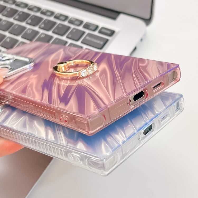 For Samsung Galaxy S25+ 5G Plating Glitter Texture Ring Holder TPU Phone Case with Lens Film(White Shell Pattern)