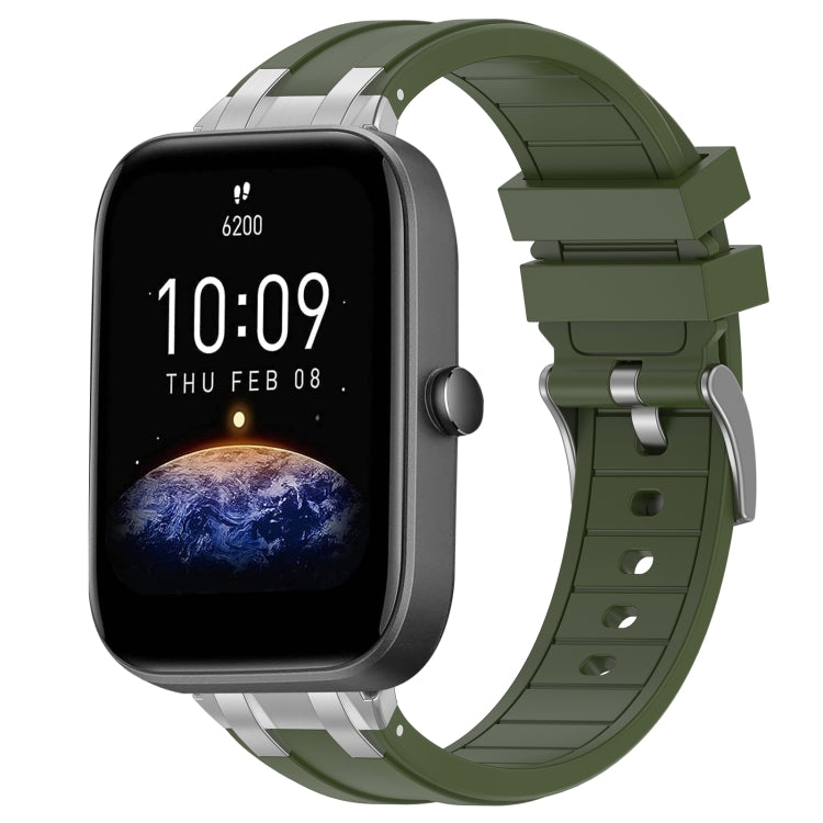 For Amazfit Bip3 Pro 20mm Quick Release Silver Buckle Royal Silicone Watch Band(Olive Green)