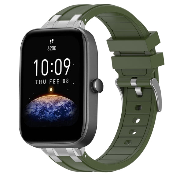 For Amazfit Bip3 Pro 20mm Quick Release Silver Buckle Royal Silicone Watch Band(Olive Green)