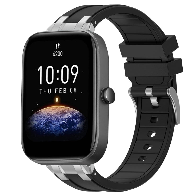 For Amazfit Bip3 Pro 20mm Quick Release Silver Buckle Royal Silicone Watch Band(Black)