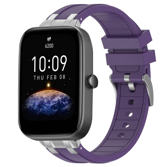 For Amazfit Bip3 Pro 20mm Quick Release Silver Buckle Royal Silicone Watch Band(Purple)