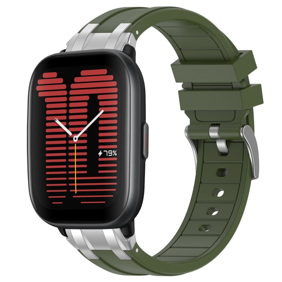 For Amazfit Active 20mm Quick Release Silver Buckle Royal Silicone Watch Band(Olive Green)
