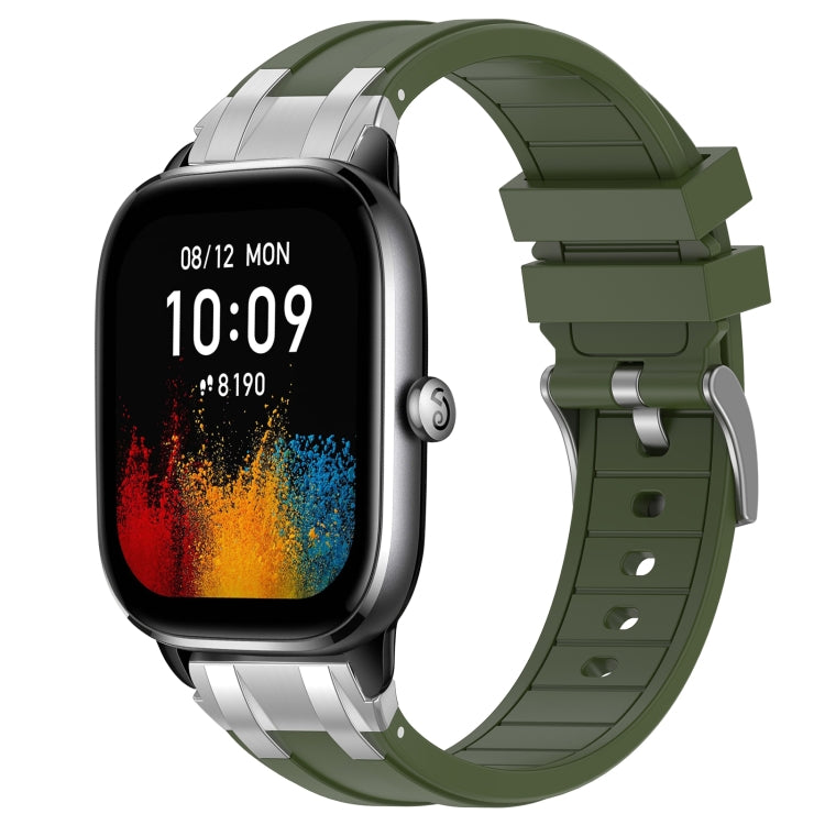 For Amazfit GTS4 Mini 20mm Quick Release Silver Buckle Royal Silicone Watch Band(Olive Green)