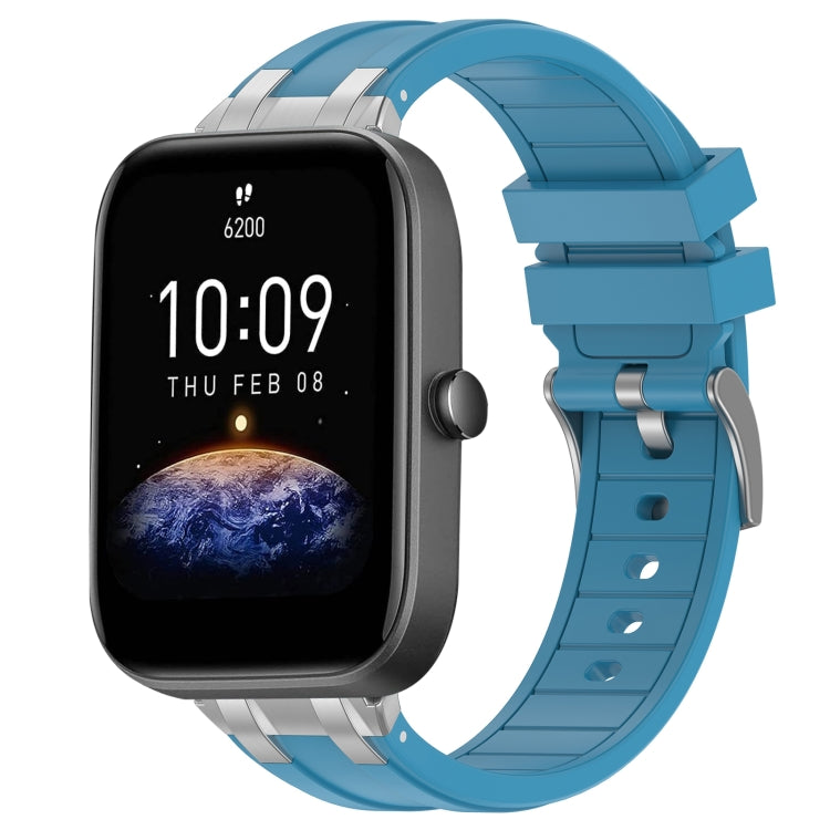 For Amazfit Bip3 20mm Quick Release Silver Buckle Royal Silicone Watch Band(Sea Blue)