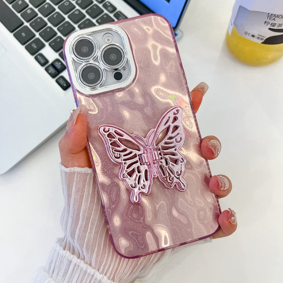 For iPhone 16 Pro Plating Glitter Texture Butterfly Holder TPU Phone Case with Lens Film(Pink Wrinkles)