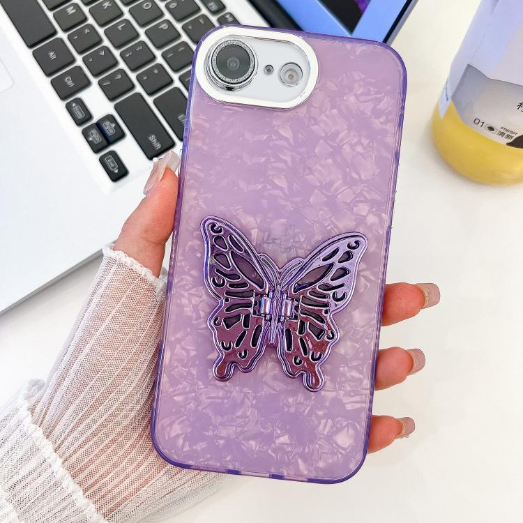 For iPhone 16e Plating Glitter Texture Butterfly Holder TPU Phone Case with Lens Film(Purple Shell Pattern)