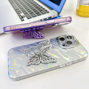 For iPhone 16 Pro Max Plating Glitter Texture Butterfly Holder TPU Phone Case with Lens Film(White Water Ripples)