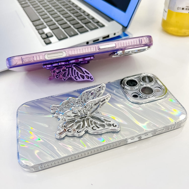 For iPhone 16 Plating Glitter Texture Butterfly Holder TPU Phone Case with Lens Film(White Tinfoil Texture)