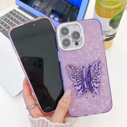 For iPhone 16e Plating Glitter Texture Butterfly Holder TPU Phone Case with Lens Film(Purple Shell Pattern)