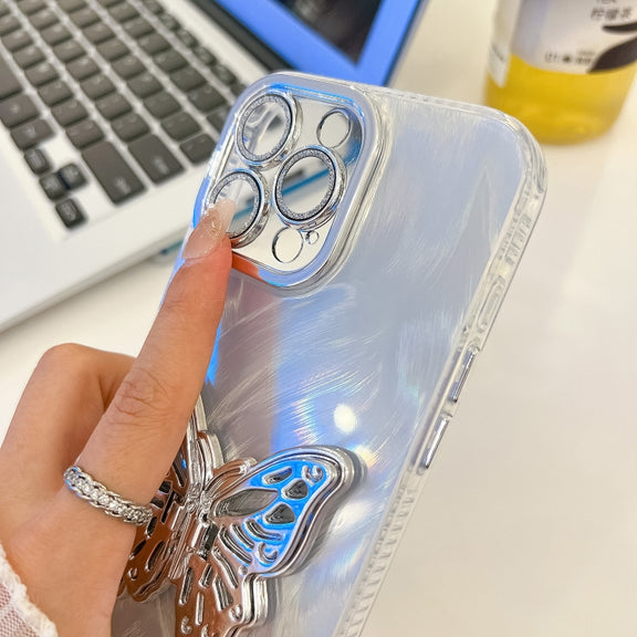 For iPhone 16 Pro Max Plating Glitter Texture Butterfly Holder TPU Phone Case with Lens Film(White Water Ripples)