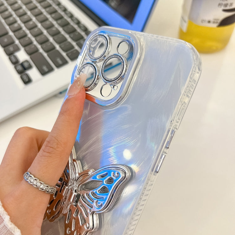 For iPhone 16e Plating Glitter Texture Butterfly Holder TPU Phone Case with Lens Film(Purple Shell Pattern)