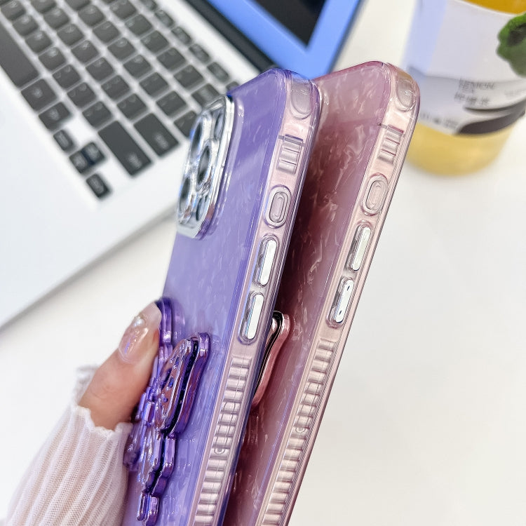 For iPhone 16e Plating Glitter Texture Butterfly Holder TPU Phone Case with Lens Film(Purple Shell Pattern)